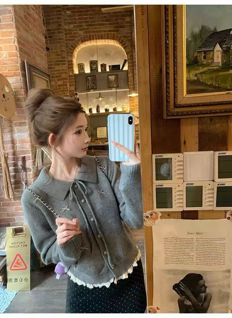 첸 대 유 miu 부서 천 금빛 바람 회색 스웨터 오픈 가디건 여성 코트 가을 겨울 고유 한 슈퍼 잘 생긴 니트 스웨터 맨위 상세 이미지 4