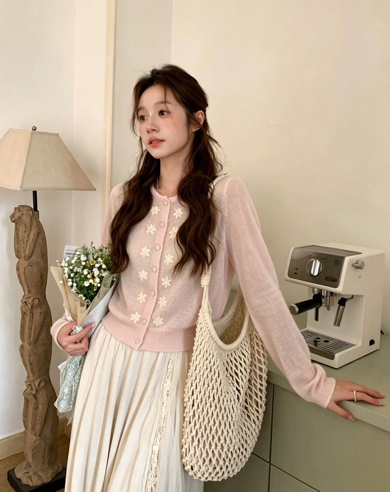 한 부서 달콤한 스타일 3 차원 꽃 자수 다용도 섹션 한국 스타일 오픈 가디건 여성 다용도 슬림해 보이는 부드러운 소녀 바람 맨위 이미지 3