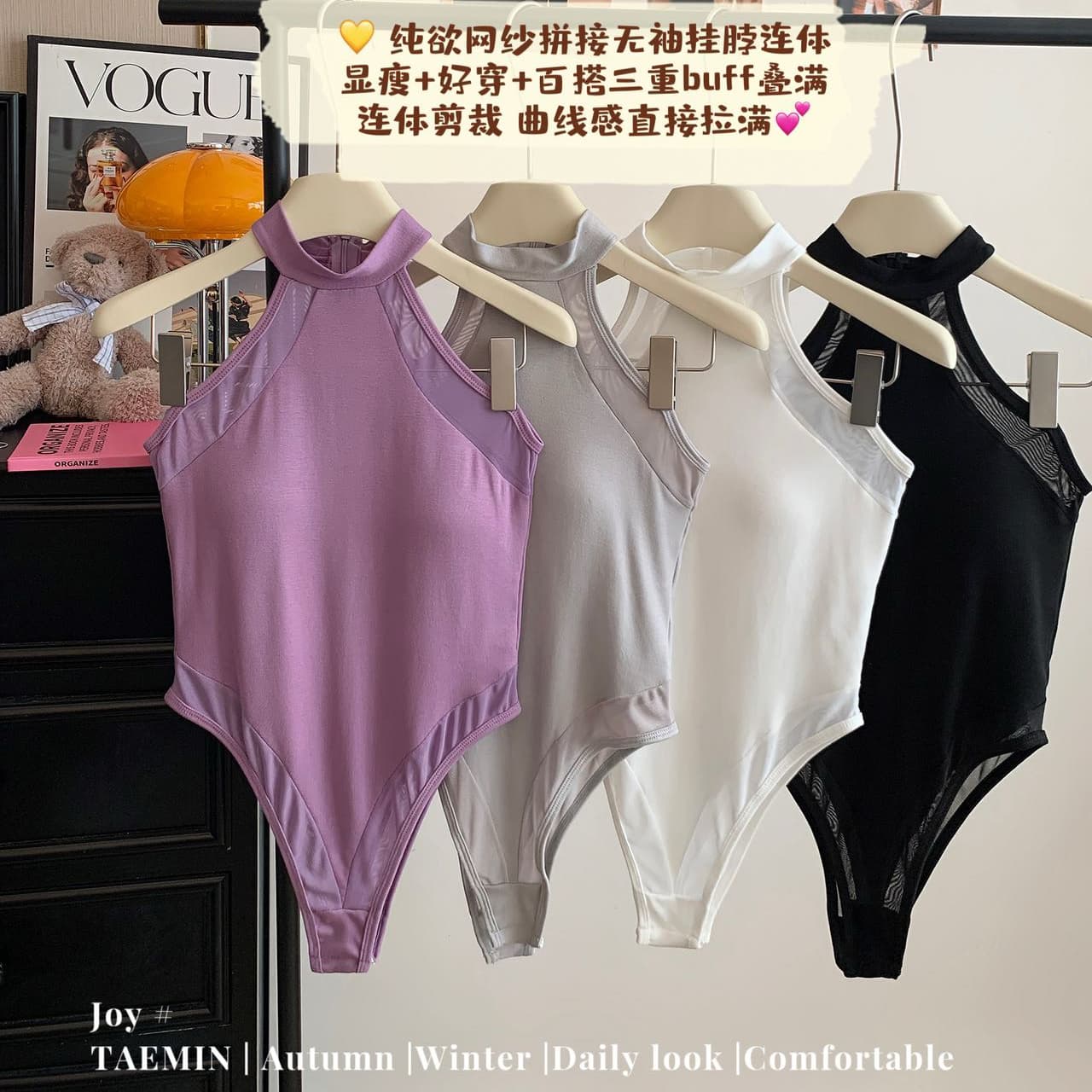 벨트 가슴 패드 순수한 욕망 작은 샤넬 스타일 망사 레이스 조각 슬립 허리 수축 민소매 행침 목 올인원 의류 조끼 여성 아름다움 뒤로 이미지 5