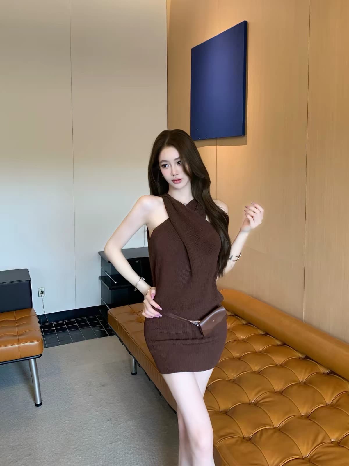 시드니 shirley 유리 아름다움 순수한 욕망 바람 행침 목 니트 미니 스커트 슬림해 보이는 섹시함 타이트 스커트 드레스 상세 이미지 1