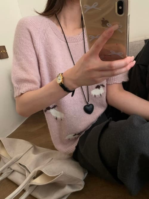 한 부서 2026 이른 가을 얇은 스타일 만화 양 모헤어 반팔 니트 스웨터 여성 다용도 연령 감소 스웨터 맨위 트렌디 상세 이미지 3