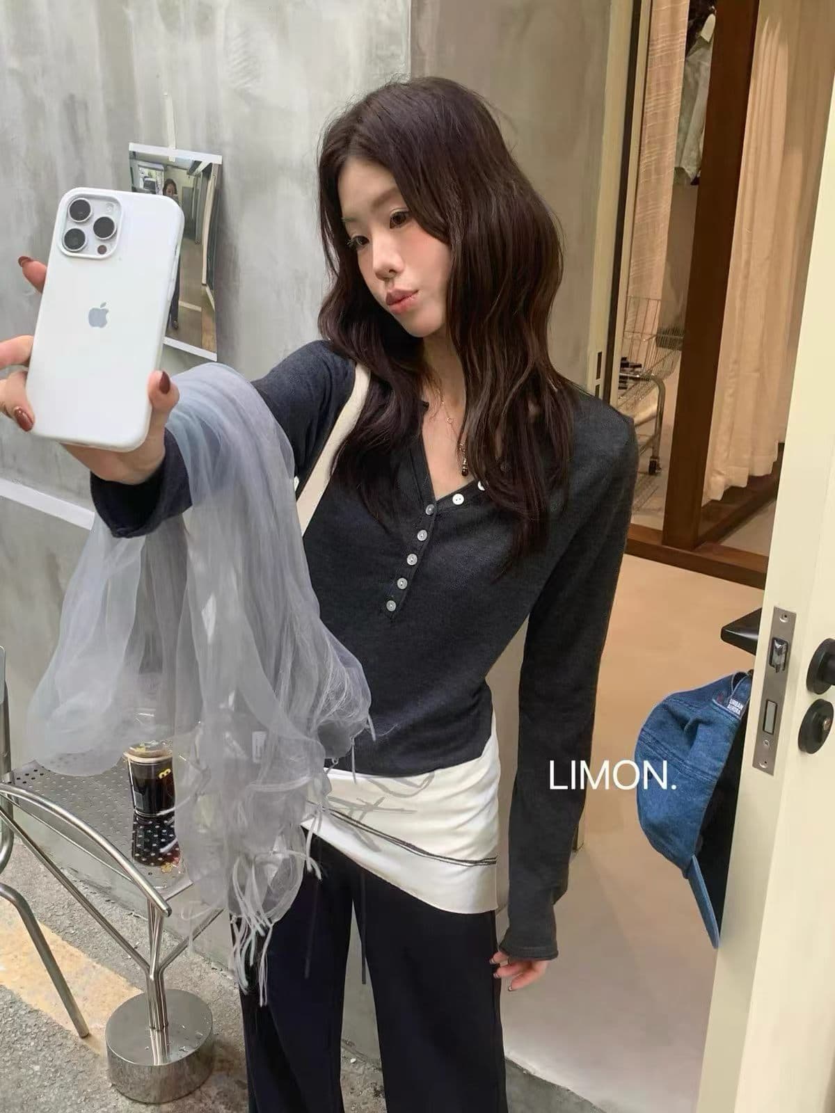 레몬 녹차 한 부서 느긋한 캐주얼 헨리 칼라 슬림해 보이는 다용도 니트 스웨터 여성 긴 소매 맨위 상세 이미지 7