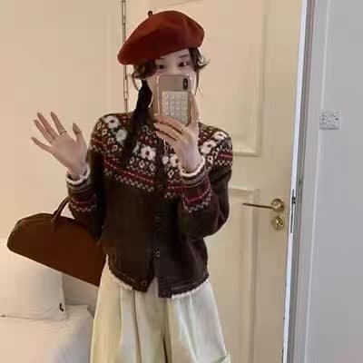 한 부서 레트로 공정한 섬 자카드 니트 오픈 가디건 여성 가을 겨울 새로운 와이드 부드러운 찹쌀 보온 크리스마스 스웨터 코트 상세 이미지 5