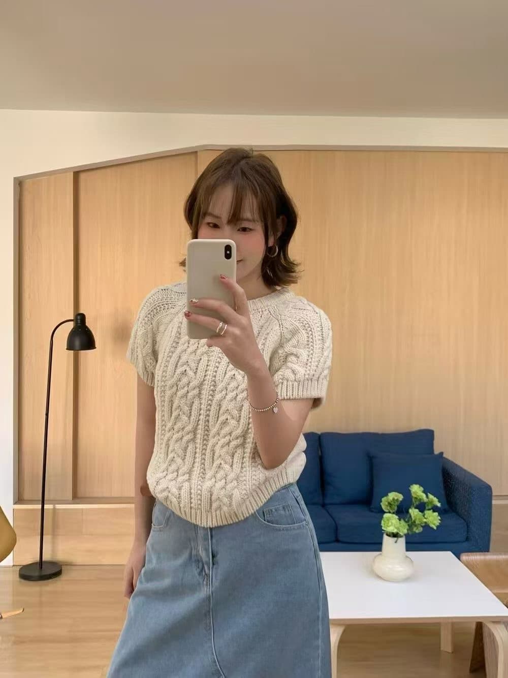 한국 동대문 여덟 우유 두꺼운 로드 바늘 Shag 선 꽈배기 니트 스웨터 느긋한 바람 스웨터 반팔 티셔츠 여성 셔츠 상세 이미지 2