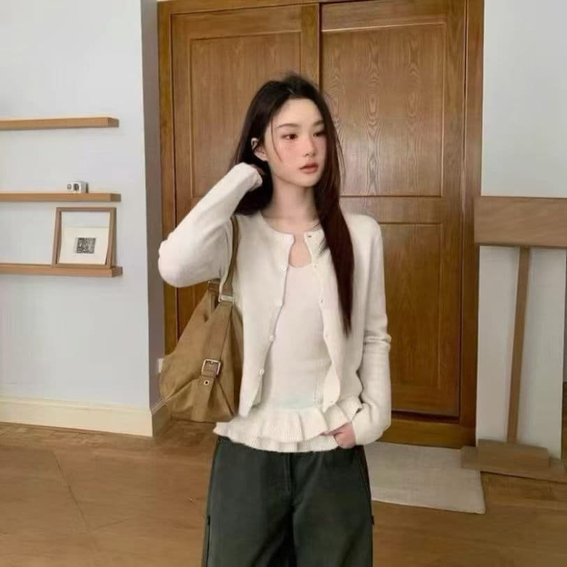 품격 부드러운 한 부서 미니멀리즘 니트 조끼 오픈 가디건 목이버섯 레이스 작은 슬링 투피스 세트 트렌디 상세 이미지 3
