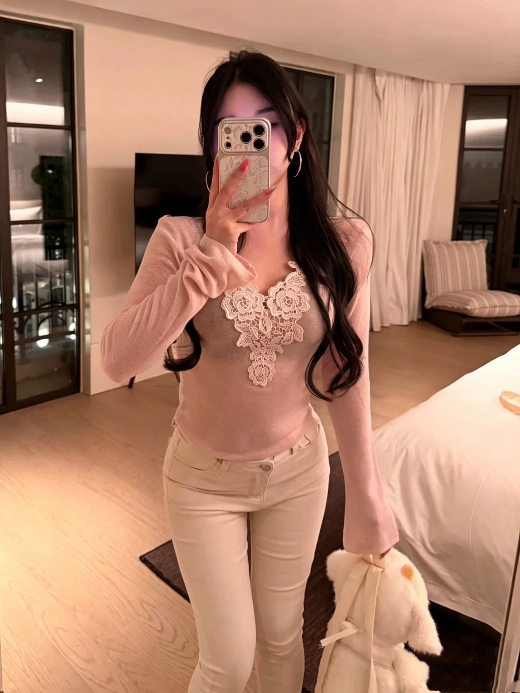 한국 스타일 순수한 욕망 핫걸 장미 레이스 V넥 슈퍼 얇은 양모 니트 스웨터 슬림해 보이는 맨위 이미지 2