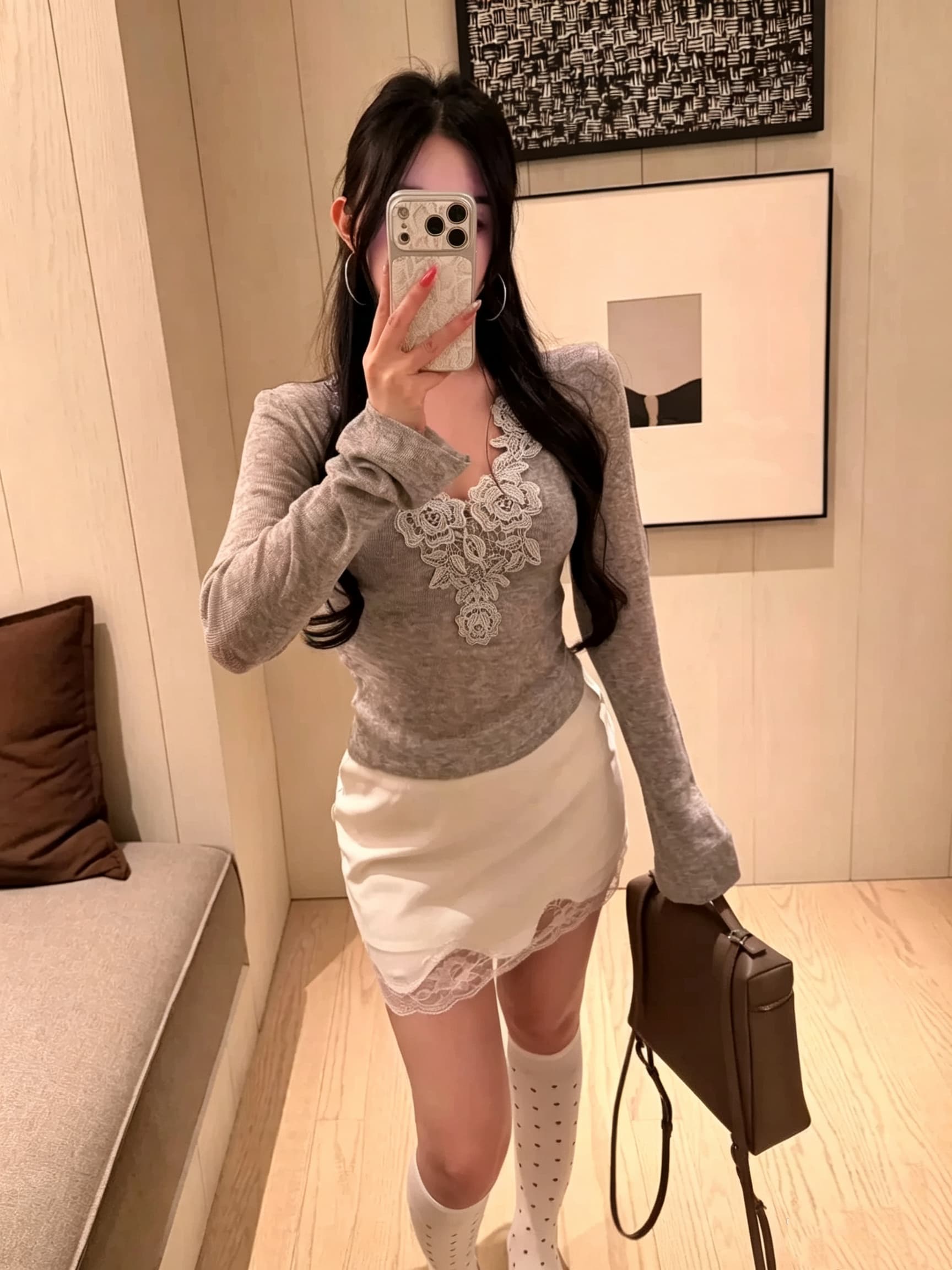 한국 스타일 순수한 욕망 핫걸 장미 레이스 V넥 슈퍼 얇은 양모 니트 스웨터 슬림해 보이는 맨위 이미지 4