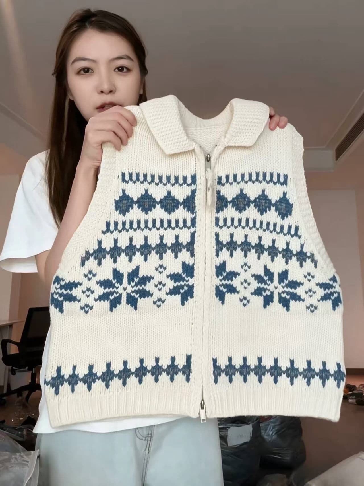 공정한 섬 자카드 더블 지퍼 폴로 칼라 스웨터 2026 가을 스택 바늘 짠 셔츠 베스트 재킷 트렌디 상세 이미지 6