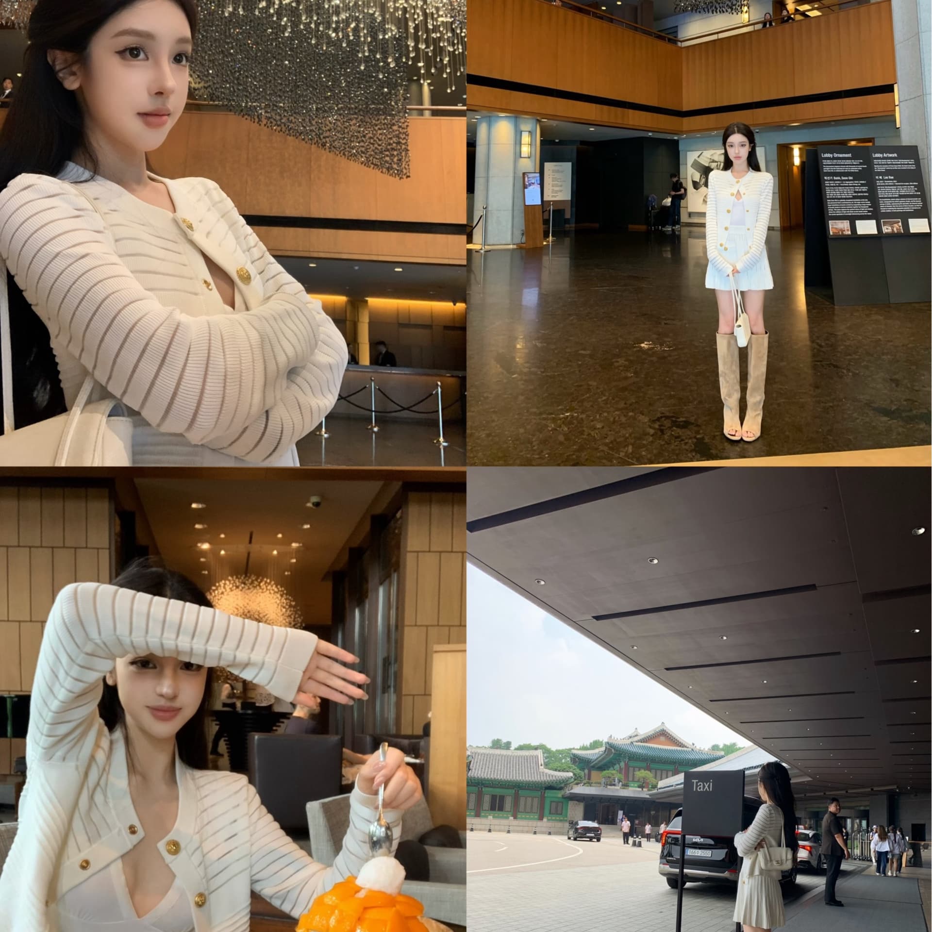 woppei 레트로 홀로우 아웃 스트라이프 니트 세트 골드 버클 쇼트 스타일 오픈 가디건 이미지 5