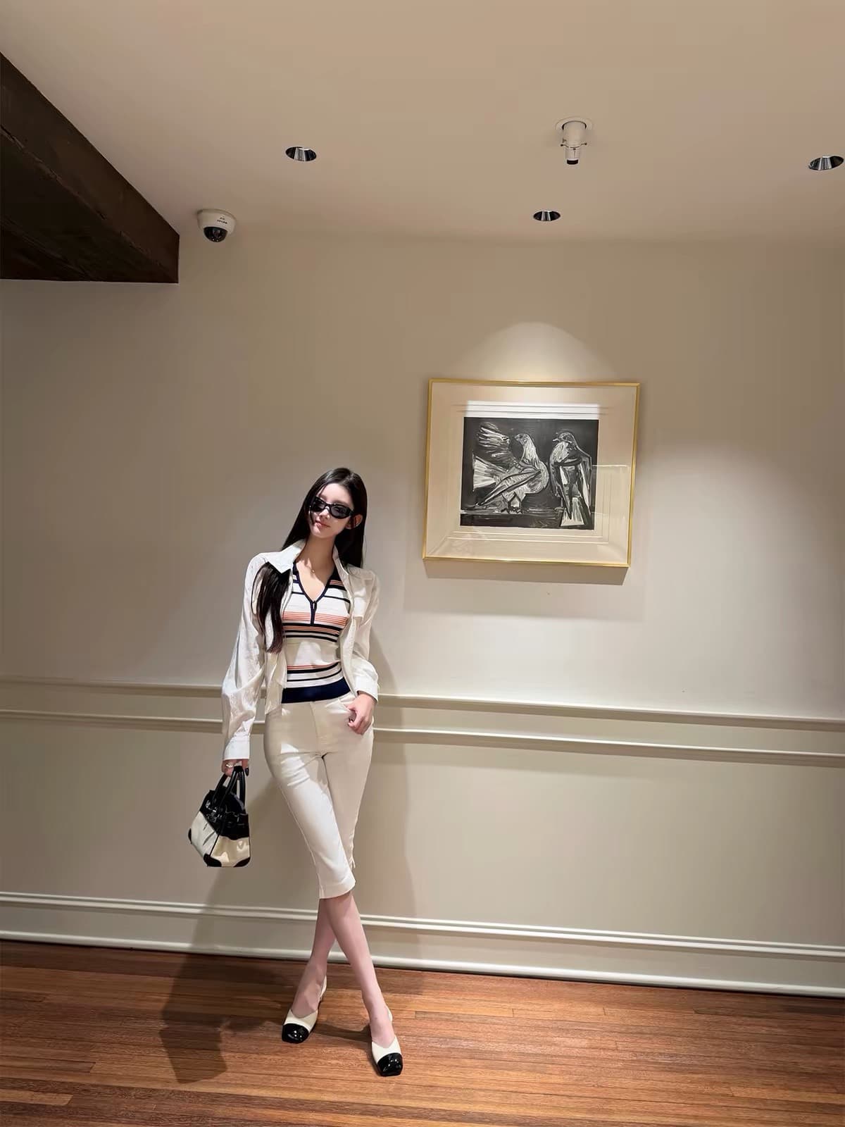 okmashop 오래된 돈 출퇴근 원단 단단한 실제로 질감 긍정적 인 어깨 중간 소매 배색 몸매 가꾸기 스트라이프 니트 스웨터 이미지 2