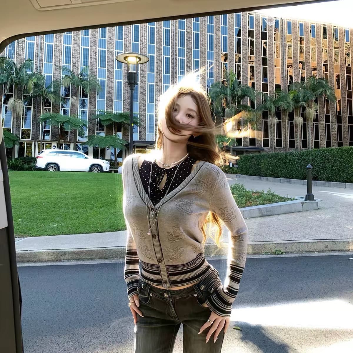tongiiuu vtg 행성 V넥 스트라이프 스웨터 오픈 가디건 인사이드 가져 가라. 도트 무늬 나비 매듭 조끼 맨위 여성 가을 이미지 3
