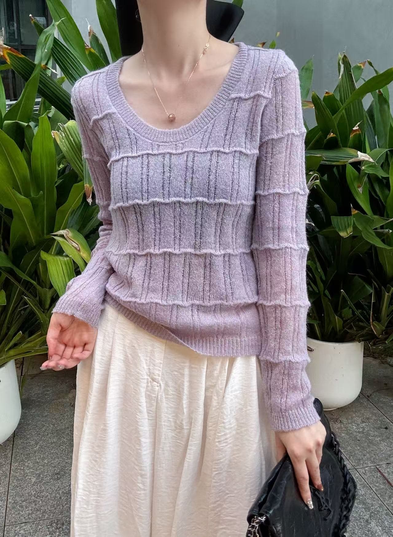 한 부서 단색 질감 구덩이 기사 모헤어 니트 스웨터 낮음 라운드 넥 몸매 가꾸기 긴팔 기타 색상 가을 겨울 다용도 맨위 이미지 3