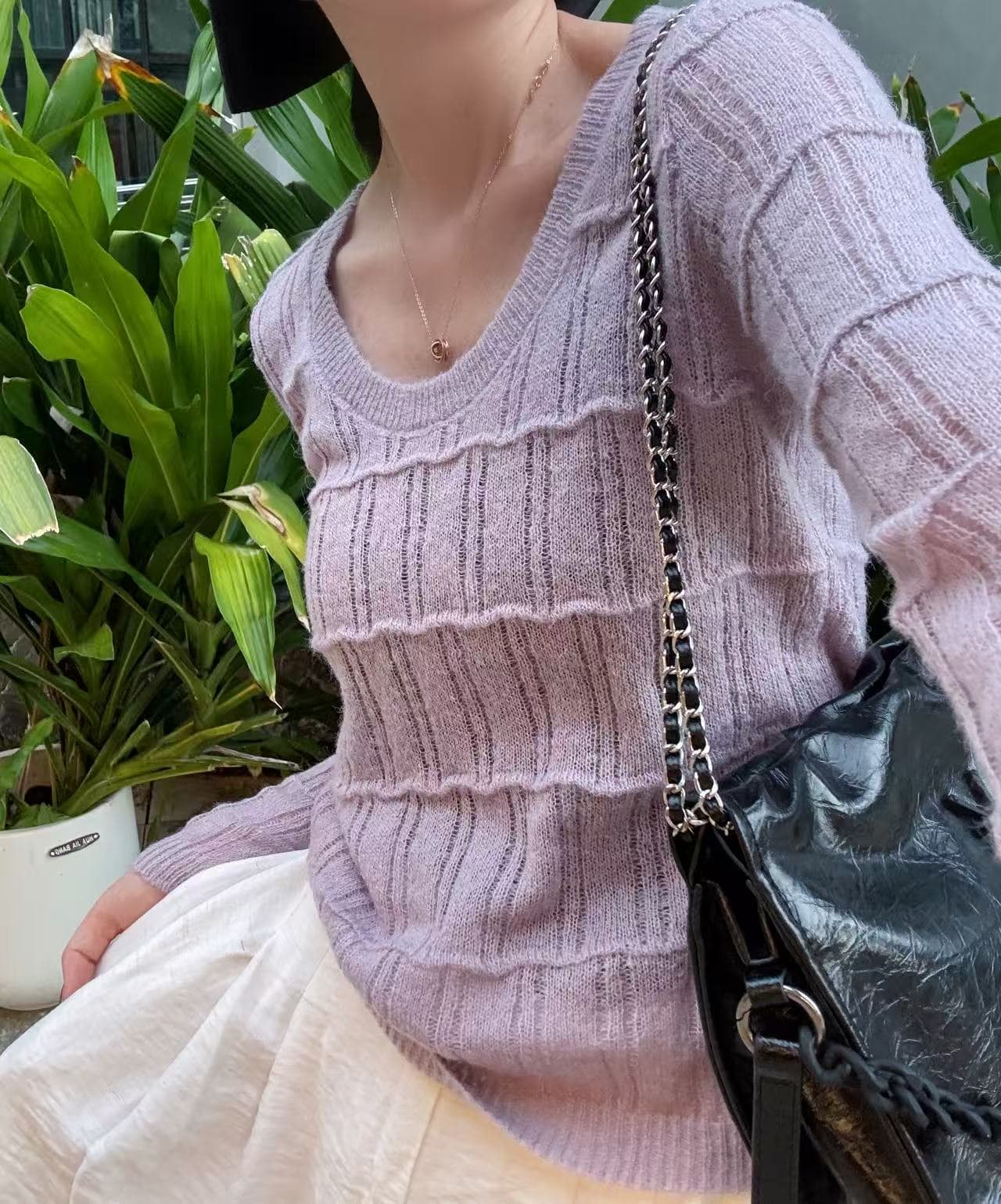 한 부서 단색 질감 구덩이 기사 모헤어 니트 스웨터 낮음 라운드 넥 몸매 가꾸기 긴팔 기타 색상 가을 겨울 다용도 맨위 상세 이미지 8
