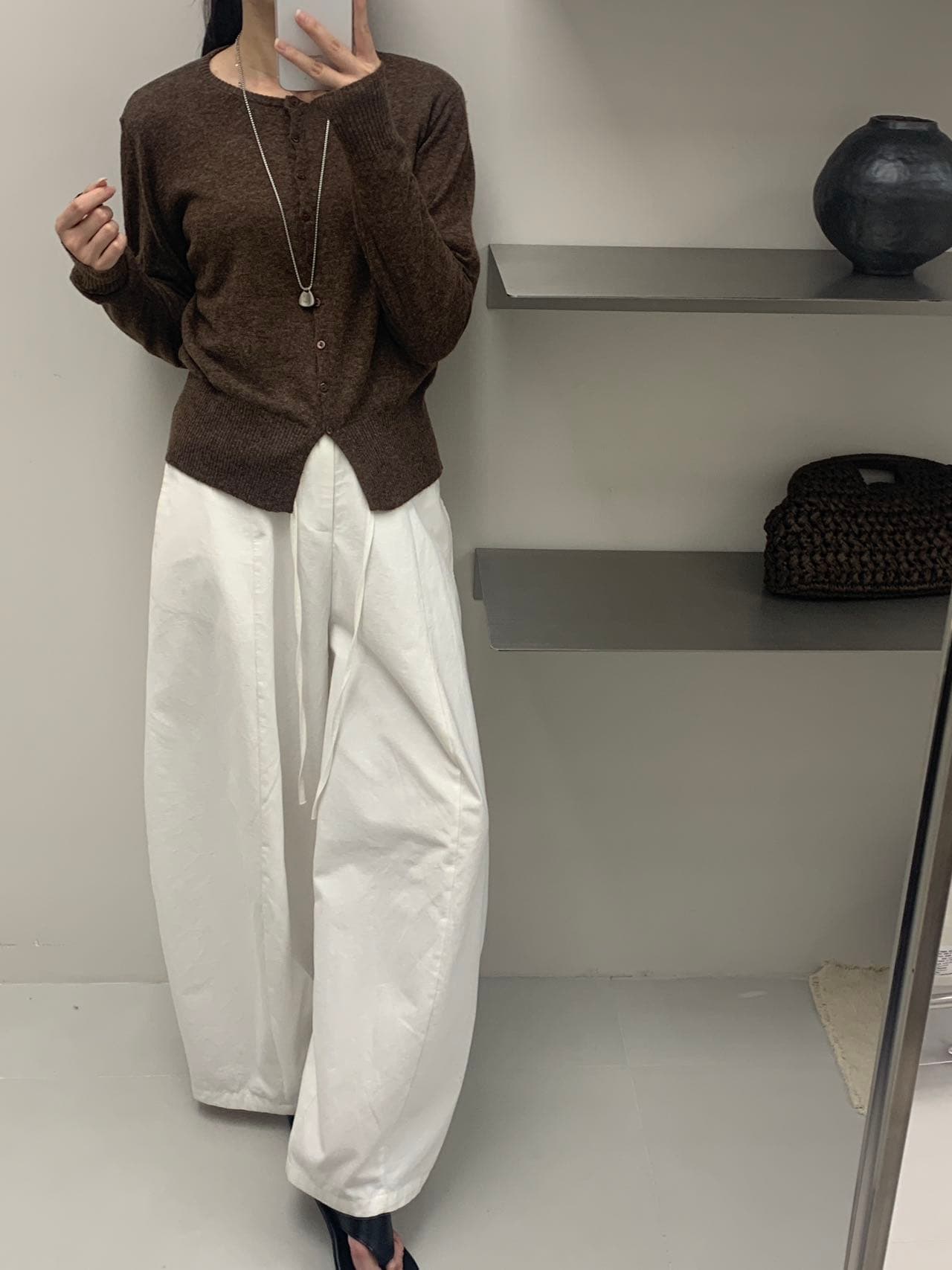 약화 된 라운드 넥 양모 혼방 니트 오픈 가디건 여성 외부 가져 가라. 루즈핏 슬림해 보이는 미니멀리즘 출퇴근 긴팔 스웨터 코트 상세 이미지 2