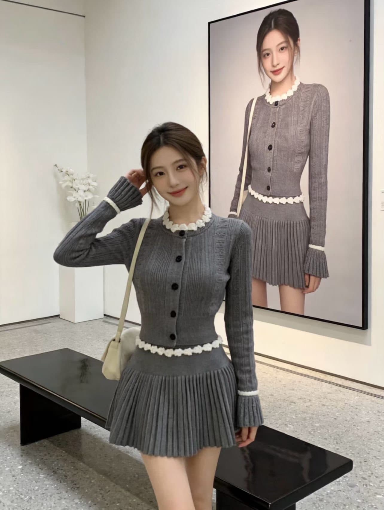 프랑스식 작은 샤넬 스타일 회색 니트 플리츠 드레스 아이들 조기 가을 2026 새로운 자이언트 잘 생긴 에이즈 환자 세트 상세 이미지 1
