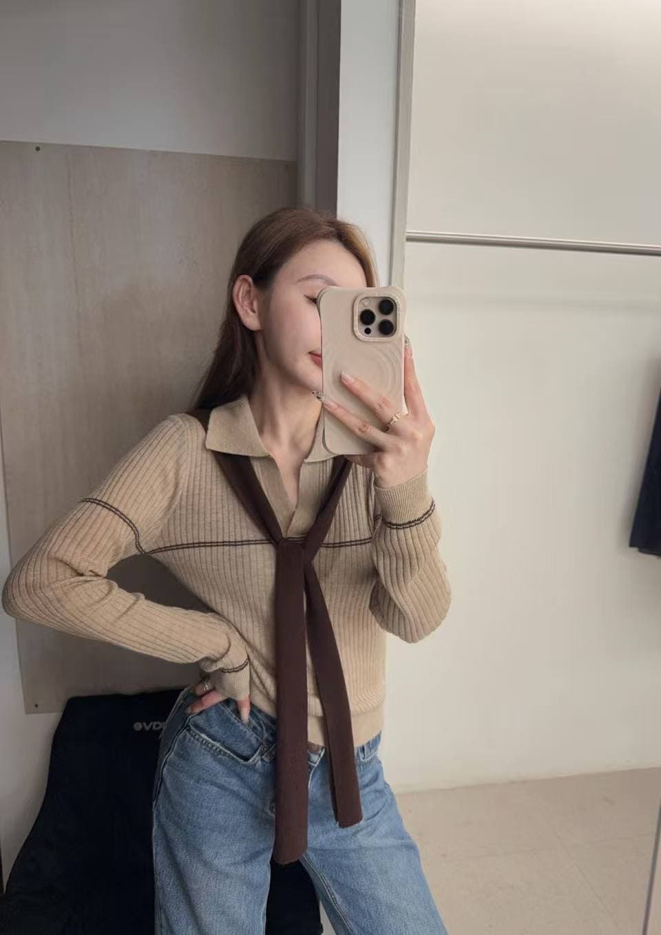 학원 스타일 긴팔 POLO 칼라 사실 두 조각 스트라이프 니트 스웨터 가을 2026 새로운 몸매 가꾸기 슬림해 보이는 다용도 맨위 상세 이미지 8