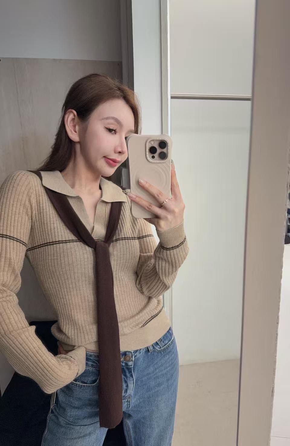 학원 스타일 긴팔 POLO 칼라 사실 두 조각 스트라이프 니트 스웨터 가을 2026 새로운 몸매 가꾸기 슬림해 보이는 다용도 맨위 상세 이미지 9