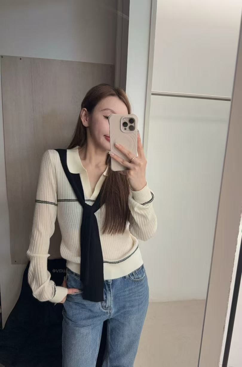 학원 스타일 긴팔 POLO 칼라 사실 두 조각 스트라이프 니트 스웨터 가을 2026 새로운 몸매 가꾸기 슬림해 보이는 다용도 맨위 상세 이미지 14