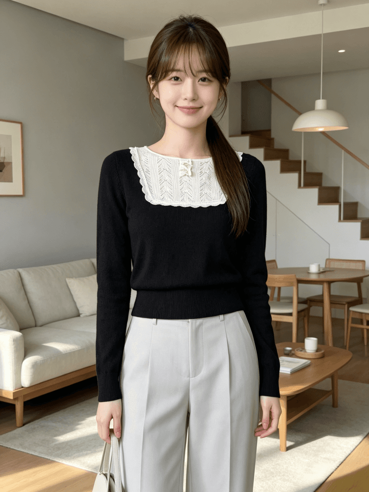 프랑스식 복잡한 고대 칼라 레이스 조각 풀오버 니트 스웨터 여성 이른 가을 검정색 긴팔 만나는 맨위 트렌디 상세 이미지 7