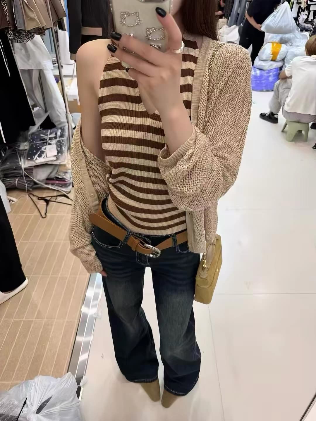 한 부서 스트라이프 V넥 행침 목 니트 조끼 홀로우 아웃 얇은 스타일 오픈 가디건 두 조각 여성 세트 슬림해 보이는 다용도 스택 착용 맨위
