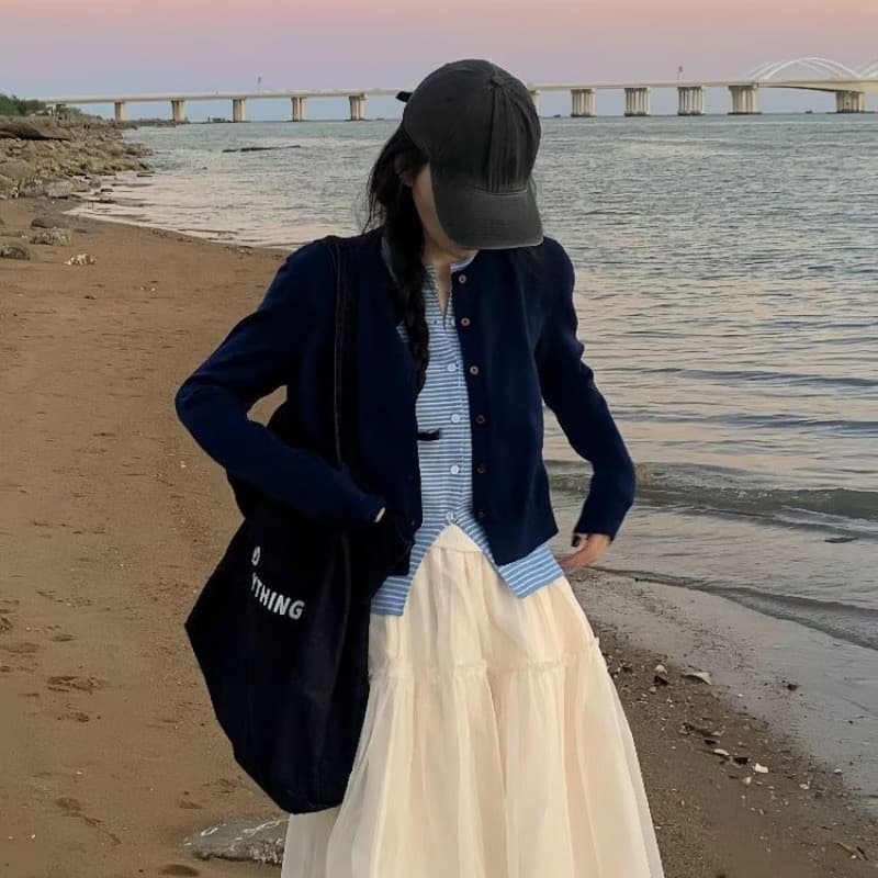 한 부서 느긋한 배색 니트 오픈 가디건 여성 가을 몸매 가꾸기 페이크 레이어드 다용도 맨위 라운드 넥 스트라이프 패치워크 스웨터 이미지 3
