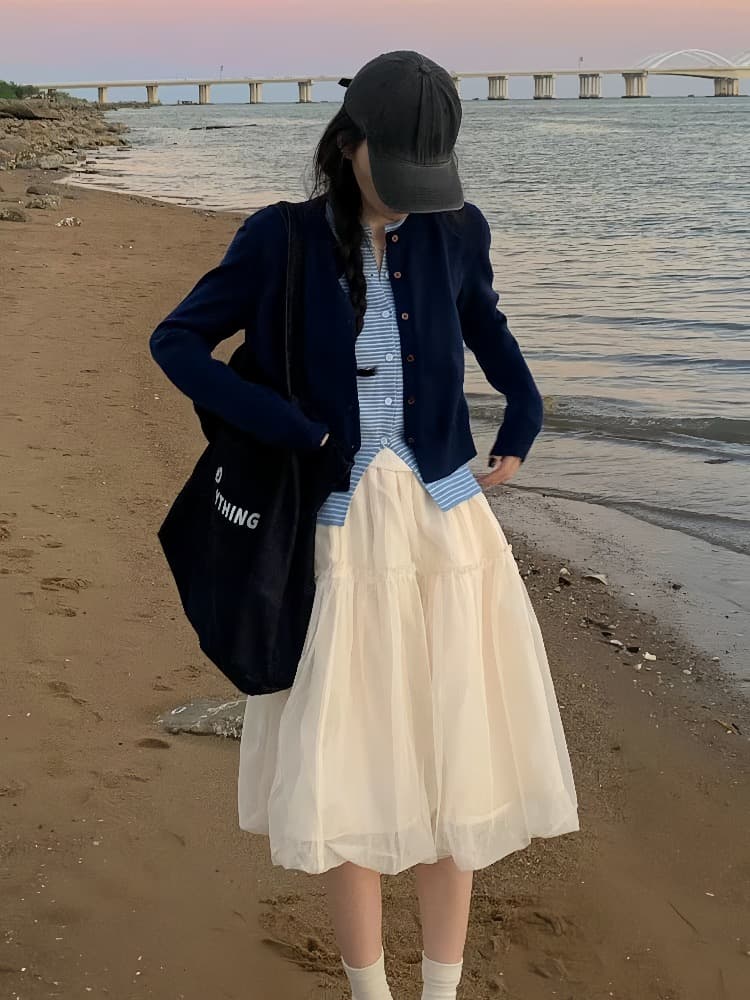 한 부서 느긋한 배색 니트 오픈 가디건 여성 가을 몸매 가꾸기 페이크 레이어드 다용도 맨위 라운드 넥 스트라이프 패치워크 스웨터 상세 이미지 3
