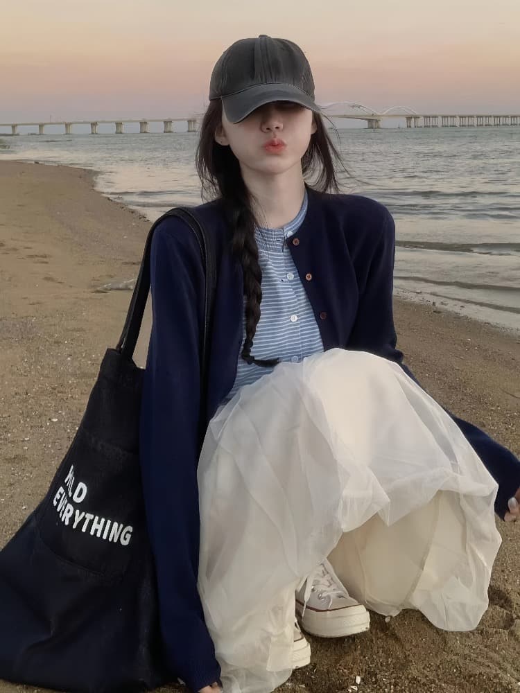 한 부서 느긋한 배색 니트 오픈 가디건 여성 가을 몸매 가꾸기 페이크 레이어드 다용도 맨위 라운드 넥 스트라이프 패치워크 스웨터 상세 이미지 4