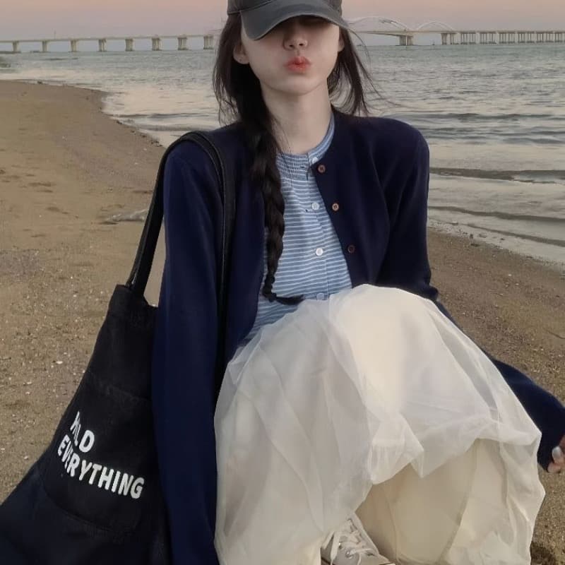 한 부서 느긋한 배색 니트 오픈 가디건 여성 가을 몸매 가꾸기 페이크 레이어드 다용도 맨위 라운드 넥 스트라이프 패치워크 스웨터 이미지 5