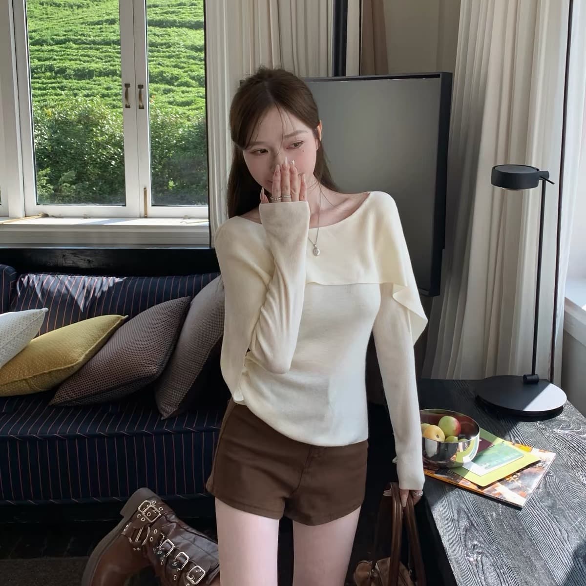 스와 3 3 니트 스웨터 2026 년 가을 한 부서 작은 대중 스웨터 비스듬한 칼라 허리 수축 다용도 캐주얼 여자 맨위 이미지 5