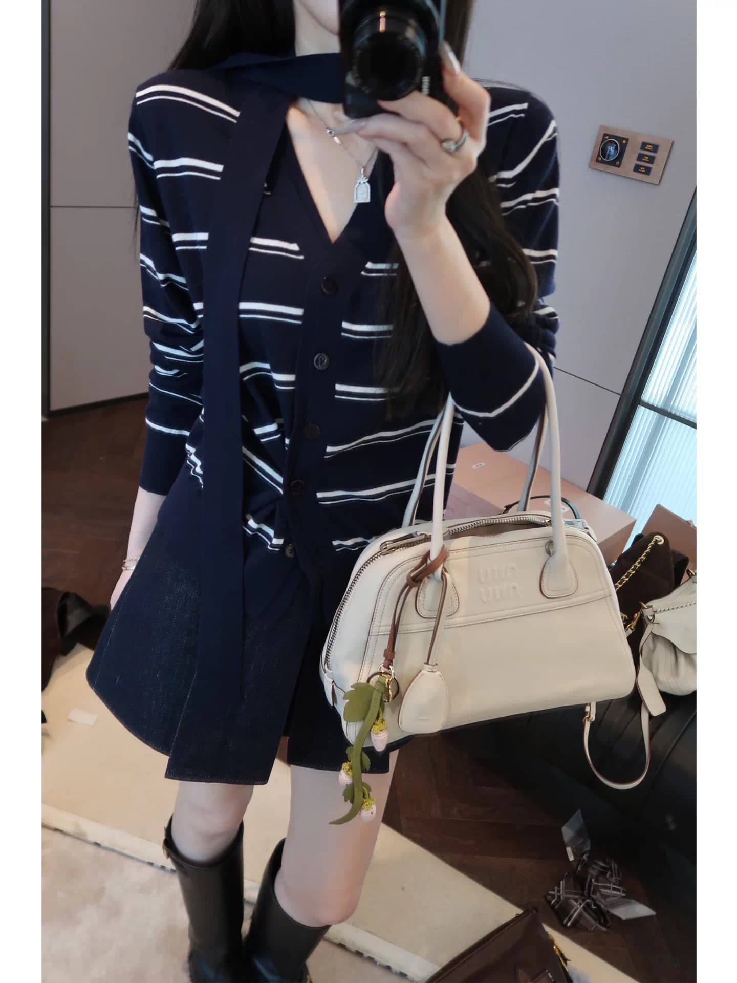 수영하다 사슴 사슴 연령 감소 학원 스타일 스트라이프 V넥 리본 긴팔 니트 오픈 가디건 여성 코트 가을 외부 가져 가라. 얇은 스타일 맨위 이미지 4