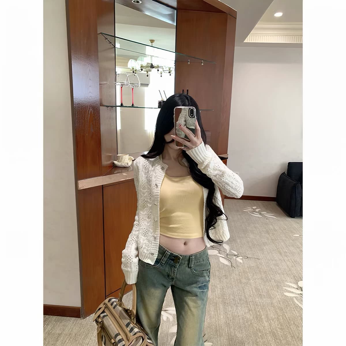 mosesqueen 마술 웨스트 여왕 디자인 센스 홀로우 아웃 니트 오픈 가디건 새로운 품격 몸매 가꾸기 쇼트 스타일 긴팔 맨위 상세 이미지 1