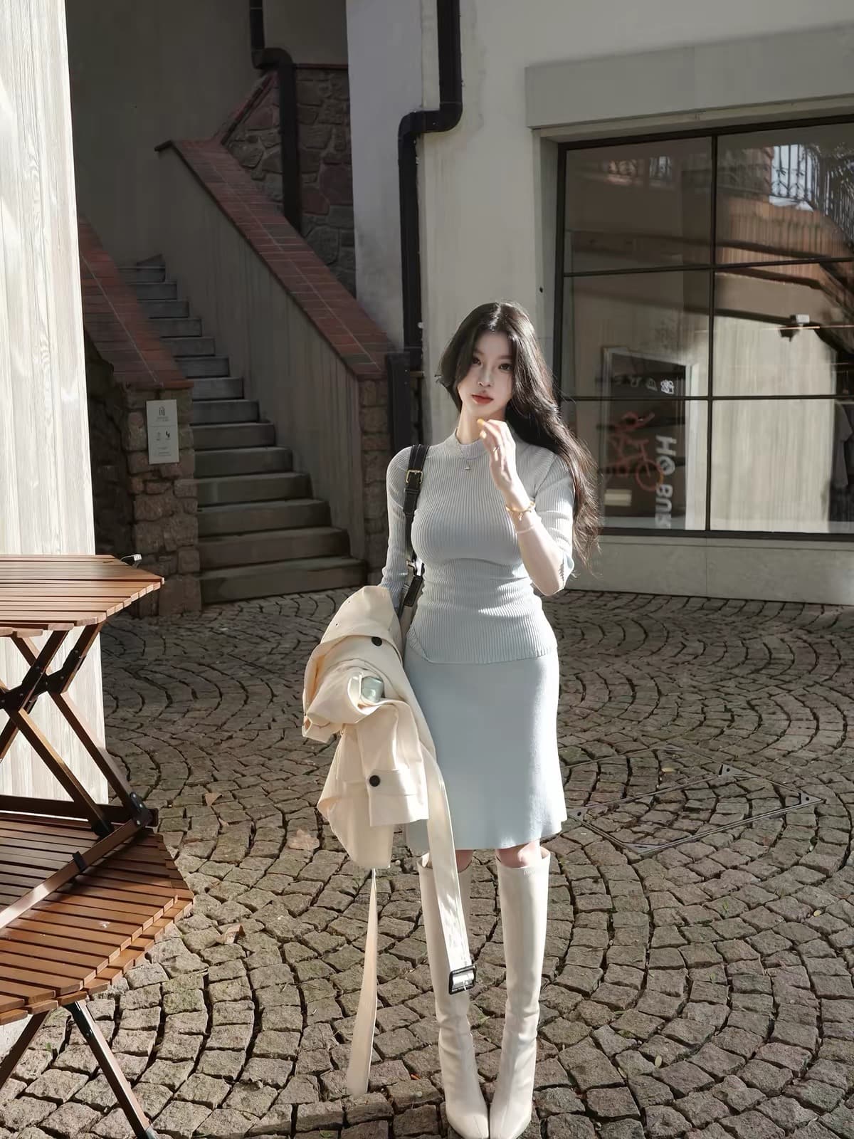 farte shop 하트 비트 라이 경기 서울 모직물 티셔츠 스트레이트 반 스커트 두 조각 여성 세트 봄 가을 세트 이미지 2