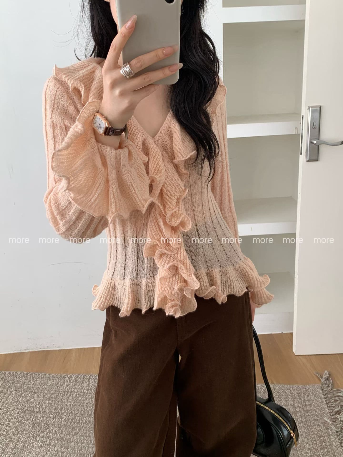 프랑스식 프릴 V넥 품격 여자 니트 스웨터 이른 가을 일본식 달콤함 슬림해 보이는 스웨터 상세 이미지 3