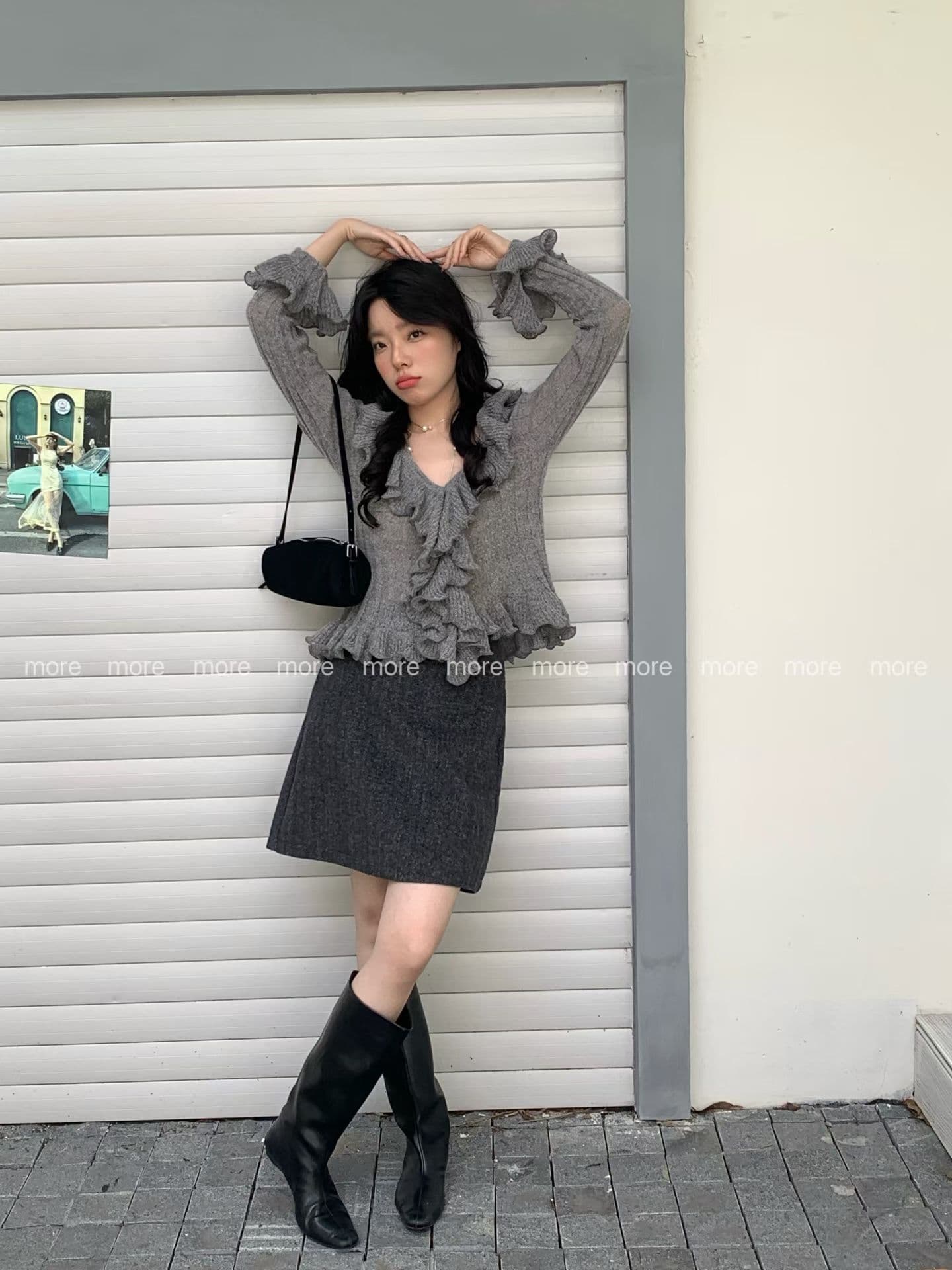 프랑스식 프릴 V넥 품격 여자 니트 스웨터 이른 가을 일본식 달콤함 슬림해 보이는 스웨터 상세 이미지 7