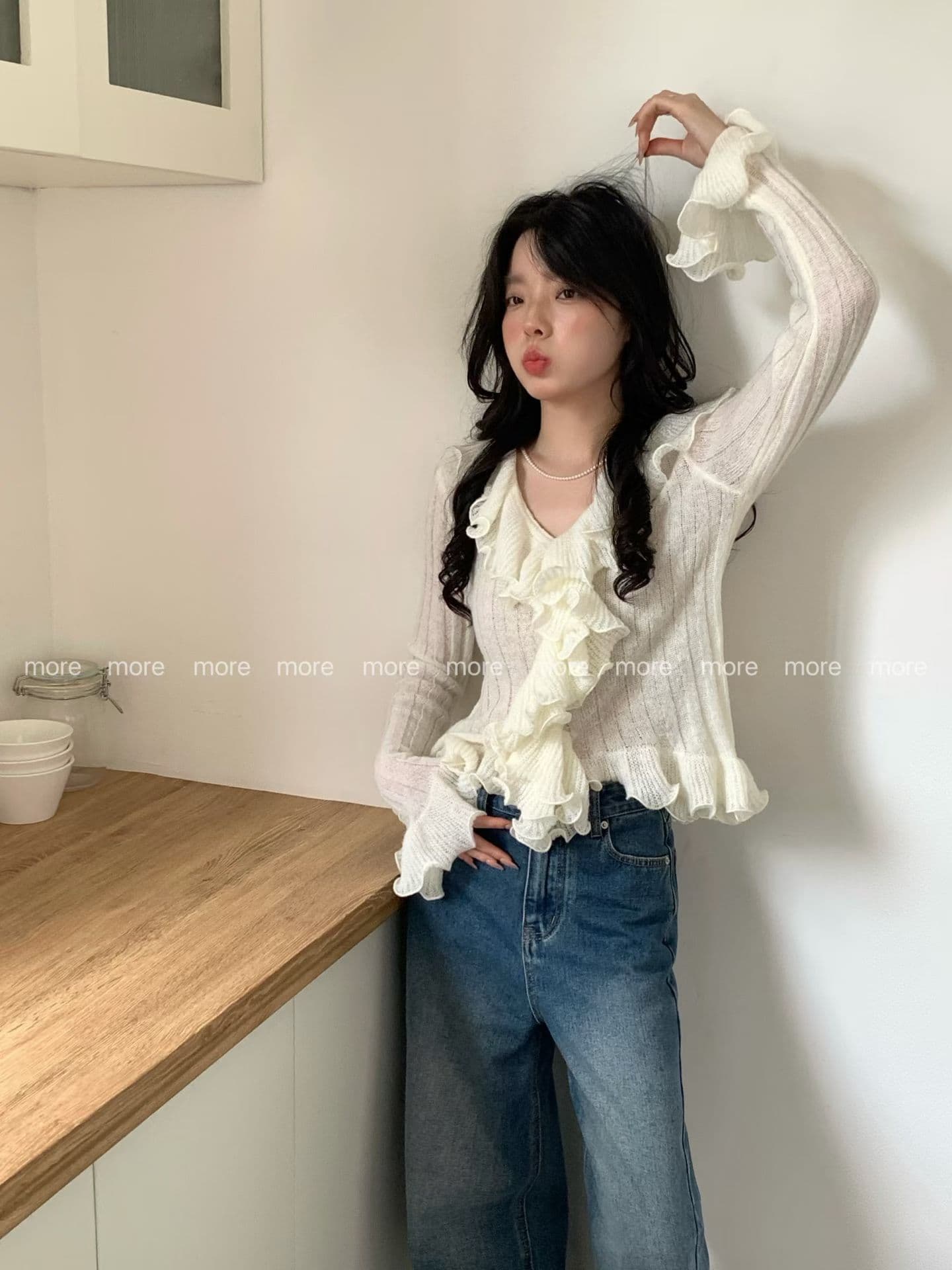 프랑스식 프릴 V넥 품격 여자 니트 스웨터 이른 가을 일본식 달콤함 슬림해 보이는 스웨터 상세 이미지 10