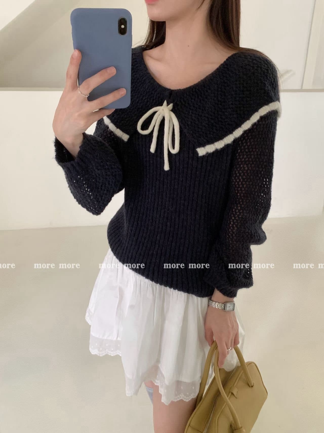 한 부서 부드러운 바람 연령 감소 레이스업 홀로우 아웃 배색 스웨터 여자 가을 겨울 달콤함 외국 가스 베이비 칼라 니트 스웨터 맨위 이미지 4
