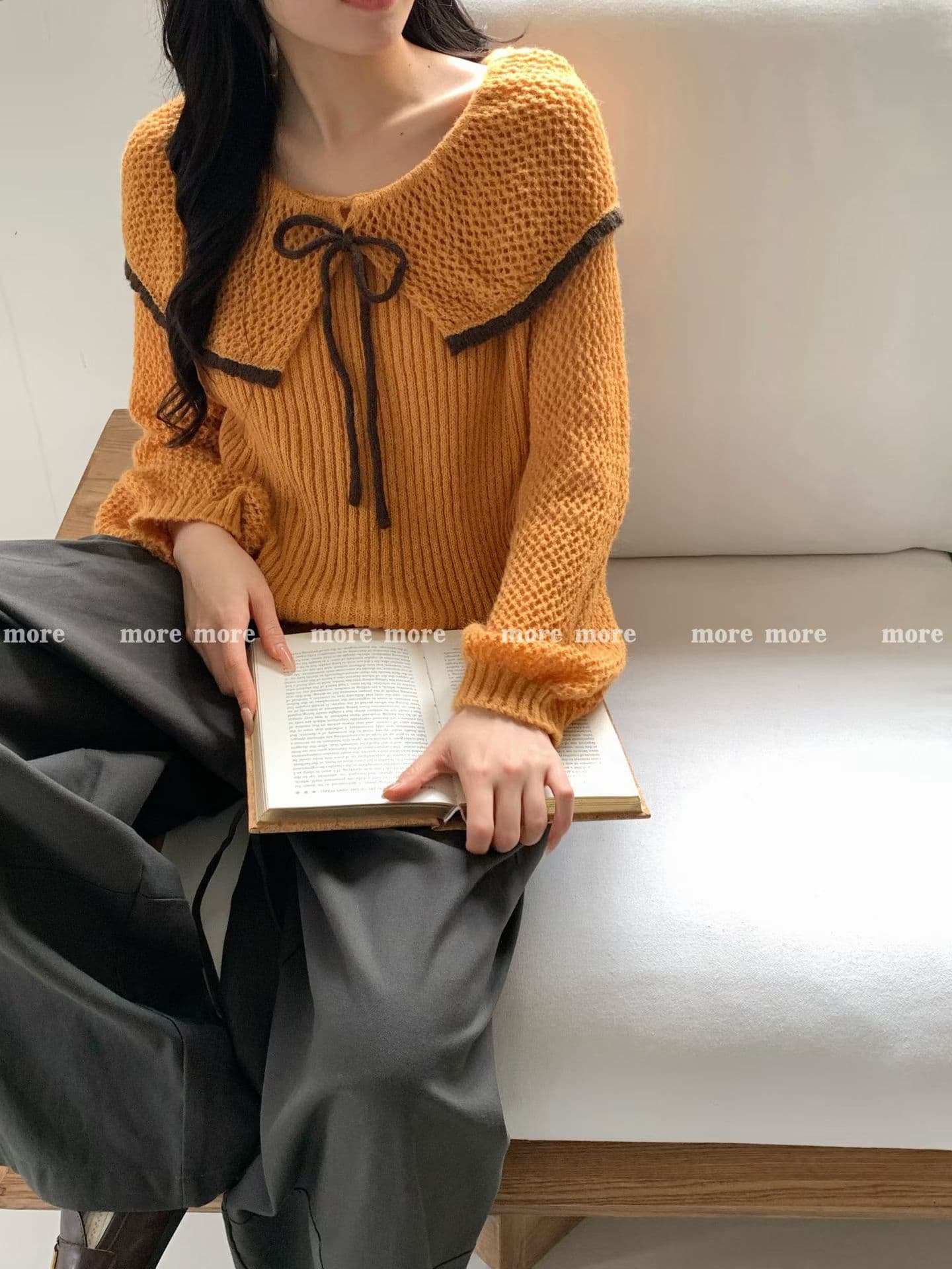 한 부서 부드러운 바람 연령 감소 레이스업 홀로우 아웃 배색 스웨터 여자 가을 겨울 달콤함 외국 가스 베이비 칼라 니트 스웨터 맨위 상세 이미지 1