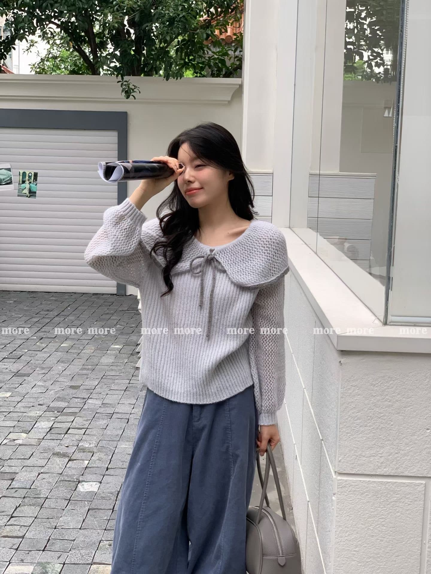 한 부서 부드러운 바람 연령 감소 레이스업 홀로우 아웃 배색 스웨터 여자 가을 겨울 달콤함 외국 가스 베이비 칼라 니트 스웨터 맨위 상세 이미지 6