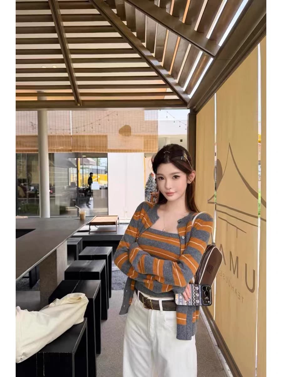 품격 새로운 회색 주황색 스트라이프 인사이드 가져 가라. 패션 긴팔 니트 오픈 가디건 한 부서 다용도 착용 잡아라. 의류 두 조각 여성 세트 이미지 3