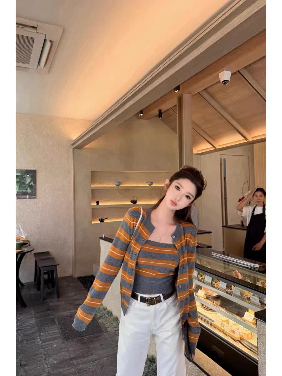 품격 새로운 회색 주황색 스트라이프 인사이드 가져 가라. 패션 긴팔 니트 오픈 가디건 한 부서 다용도 착용 잡아라. 의류 두 조각 여성 세트 상세 이미지 1