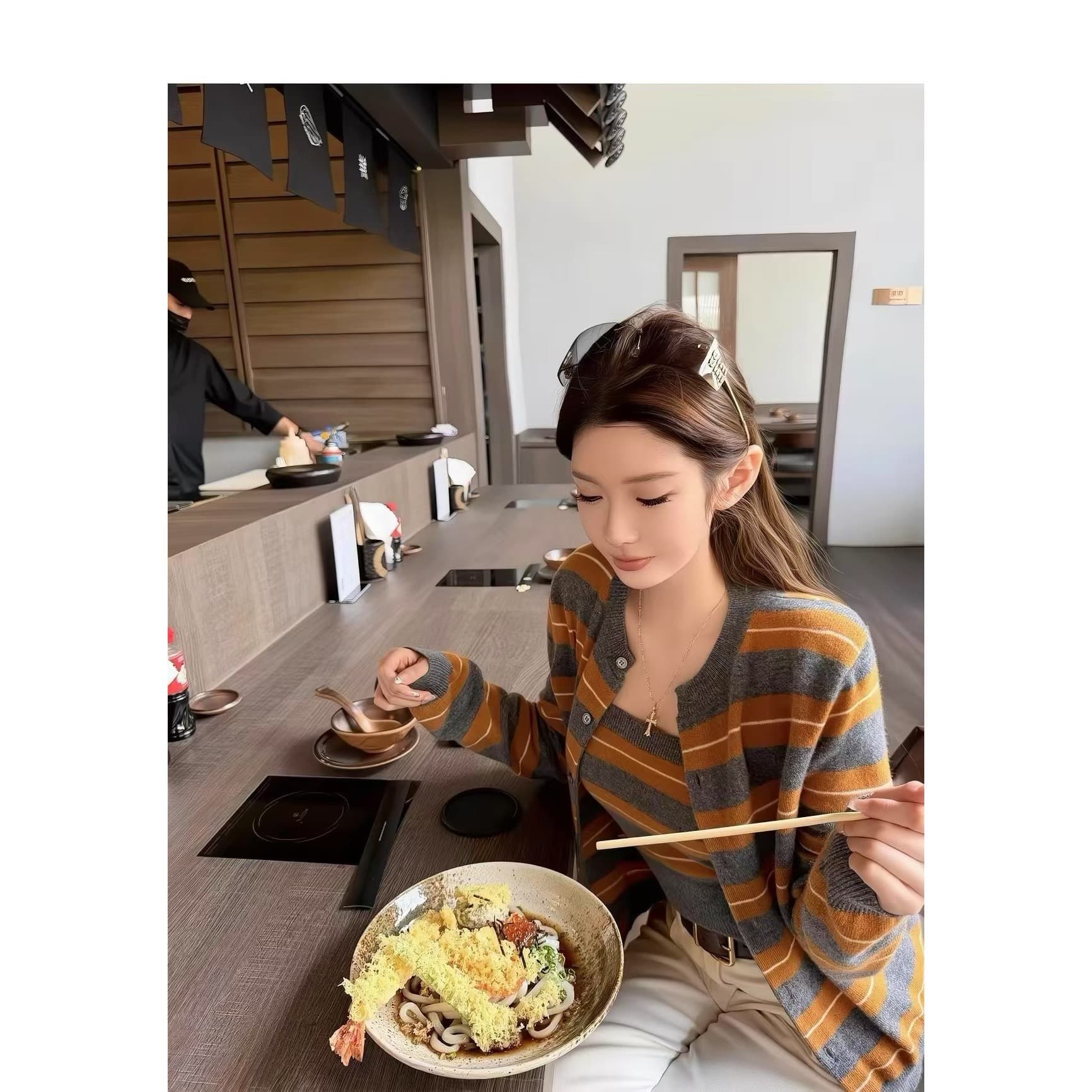 품격 새로운 회색 주황색 스트라이프 인사이드 가져 가라. 패션 긴팔 니트 오픈 가디건 한 부서 다용도 착용 잡아라. 의류 두 조각 여성 세트 상세 이미지 4