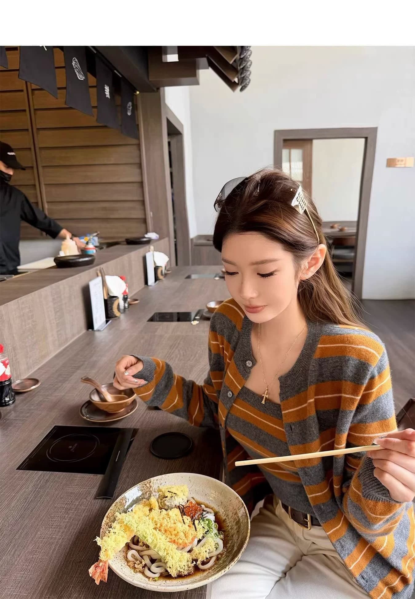 품격 새로운 회색 주황색 스트라이프 인사이드 가져 가라. 패션 긴팔 니트 오픈 가디건 한 부서 다용도 착용 잡아라. 의류 두 조각 여성 세트 상세 이미지 9