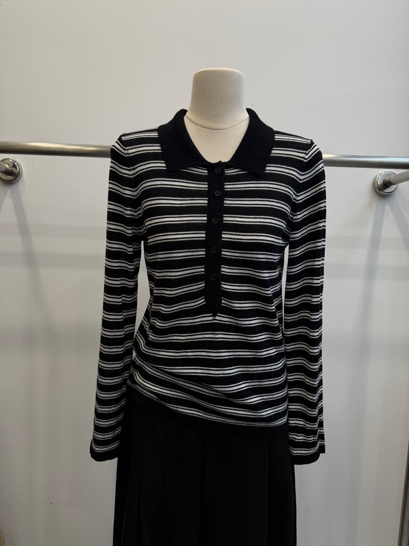 한 부서 배색 스트라이프 polo 니트 맨위 여성 반 개방 버클 디자인 센스 몸매 가꾸기 슬림해 보이는 다용도 긴팔 상세 이미지 17