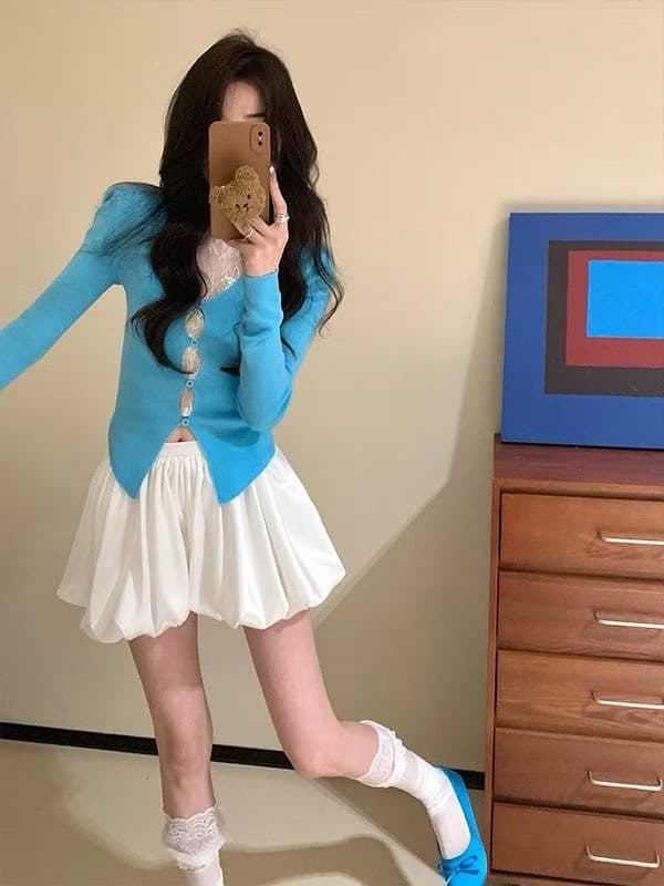 한 부서 착용 가져 가라. 파란색 레이스 홀로우 아웃 니트 스웨터 페이크 레이어드 여성 다용도 몸매 가꾸기 슬림해 보이는 맨위 트렌디 상세 이미지 2