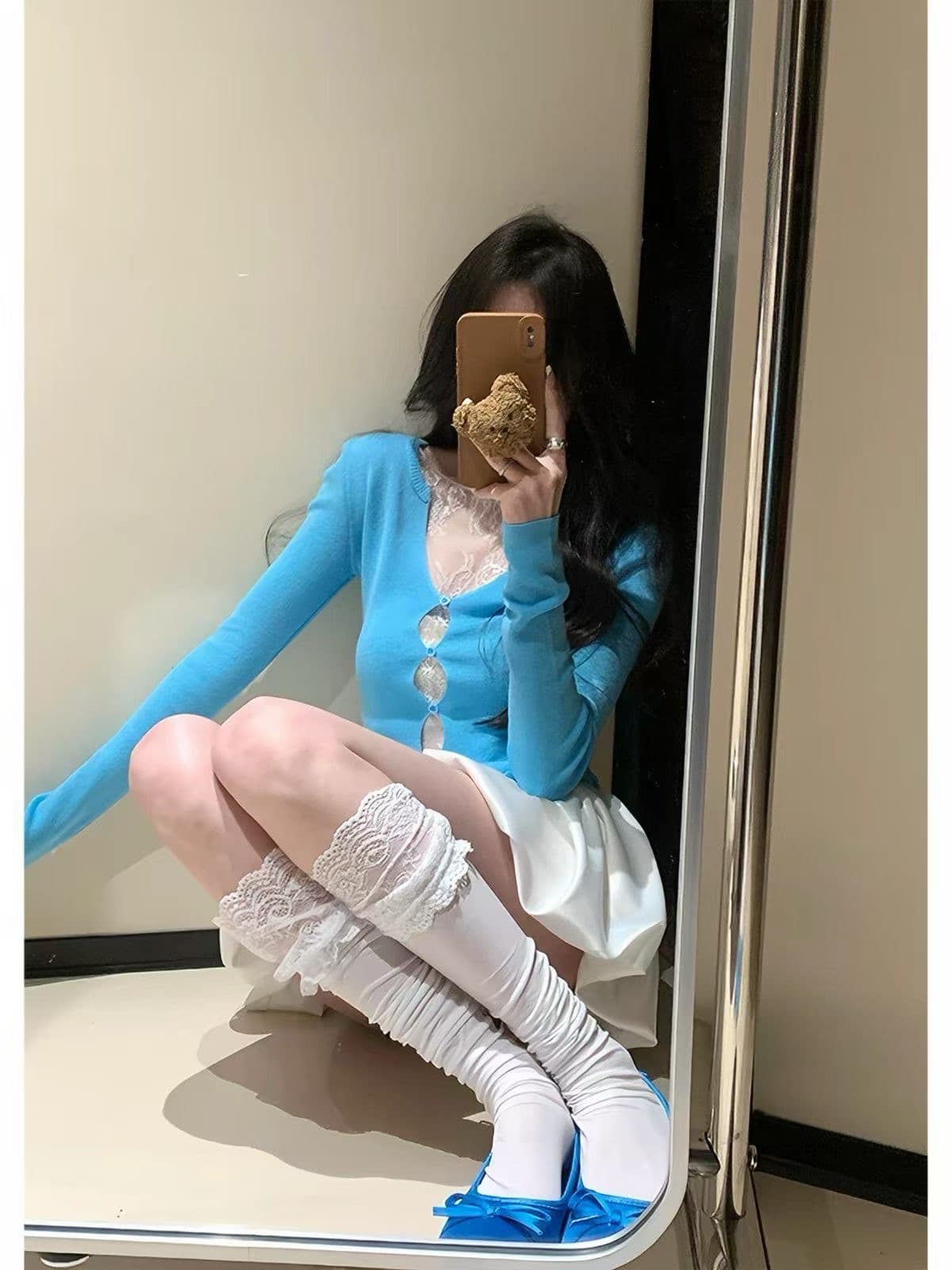 한 부서 착용 가져 가라. 파란색 레이스 홀로우 아웃 니트 스웨터 페이크 레이어드 여성 다용도 몸매 가꾸기 슬림해 보이는 맨위 트렌디 상세 이미지 3