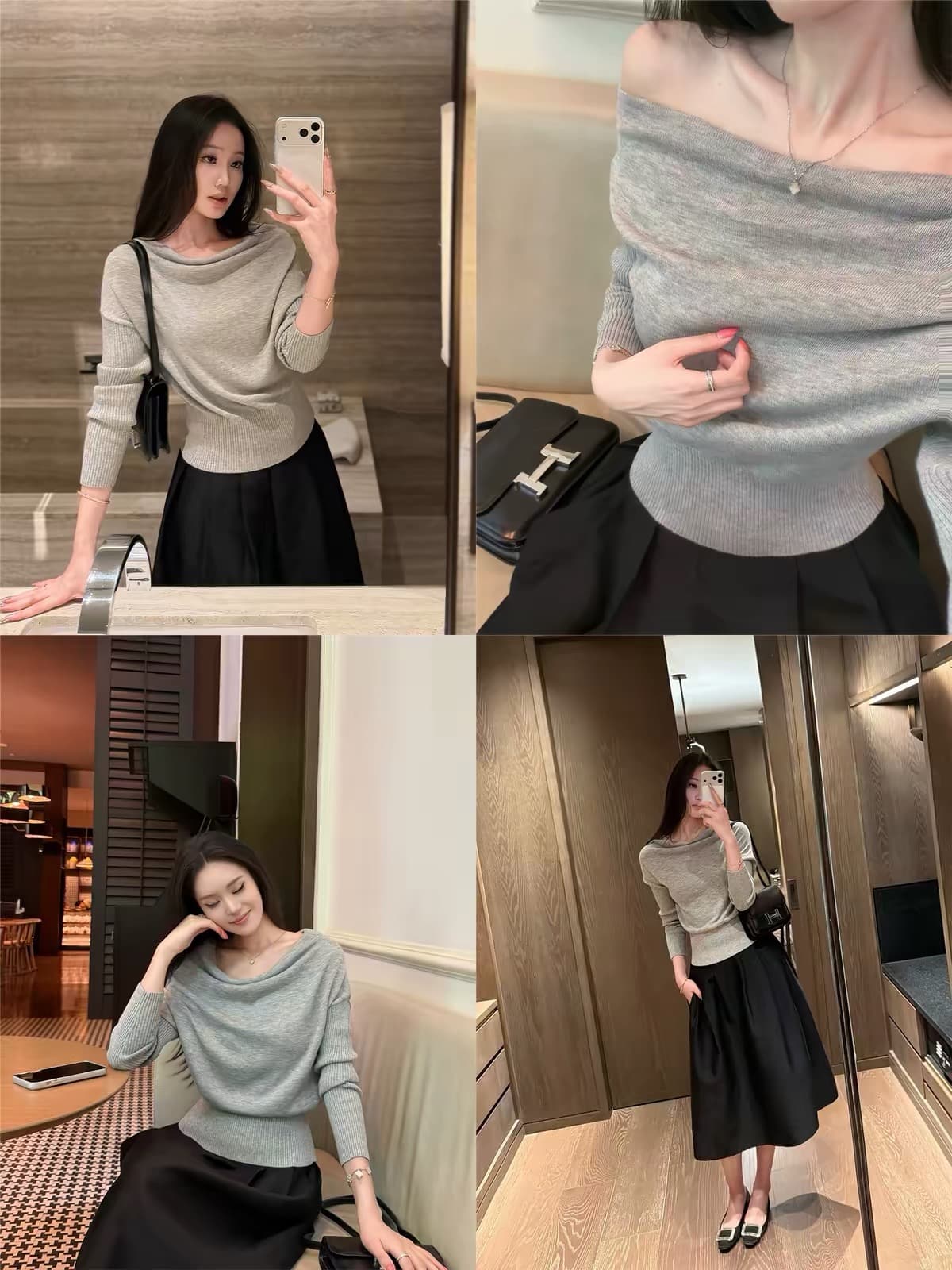 5werkwen 부드러운 지능 자매 오프숄더 비스듬한 어깨 흔들다 칼라 기타 착용 법 풀오버 느긋한 슬림해 보이는 니트 스웨터 이미지 4