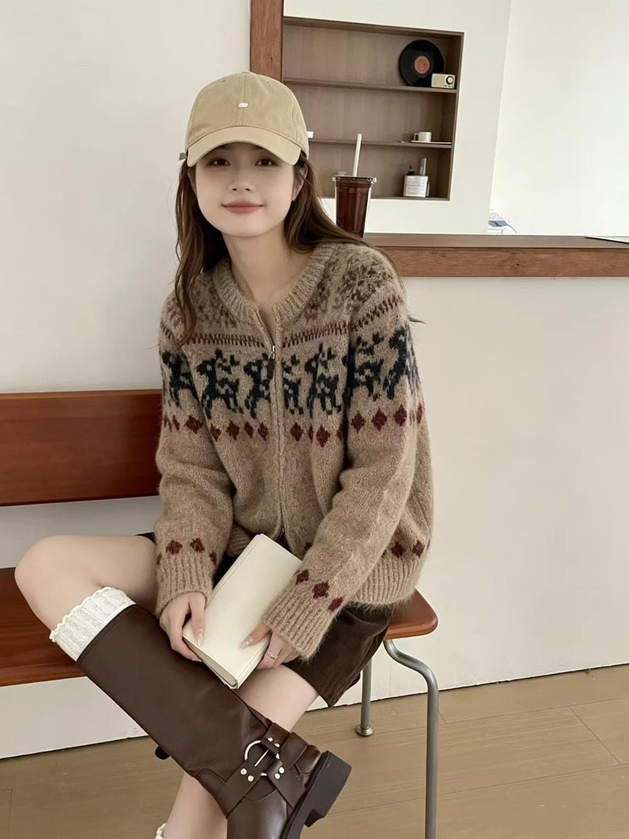 공정한 섬 자카드 지퍼 스웨터 오픈 가디건 여성 쇼트 스타일 레트로 북유럽 바람 부드러운 찹쌀 니트 재킷 상세 이미지 4