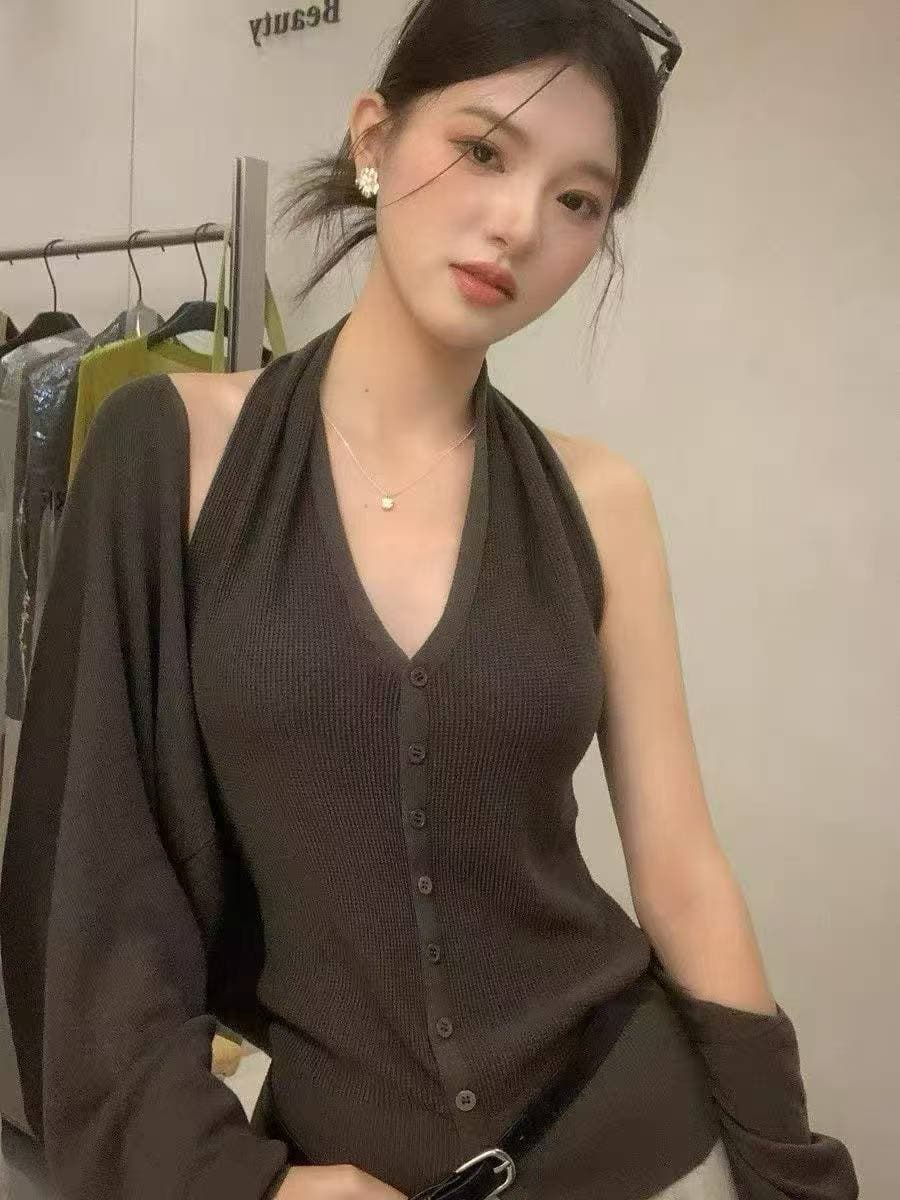 2026 새로운 여성 몸매 가꾸기 쇼트 스타일 니트 오픈 가디건 행침 목 깊은 V 넥 배트윙 소매 스웨터 외부 가져 가라. 상세 이미지 4