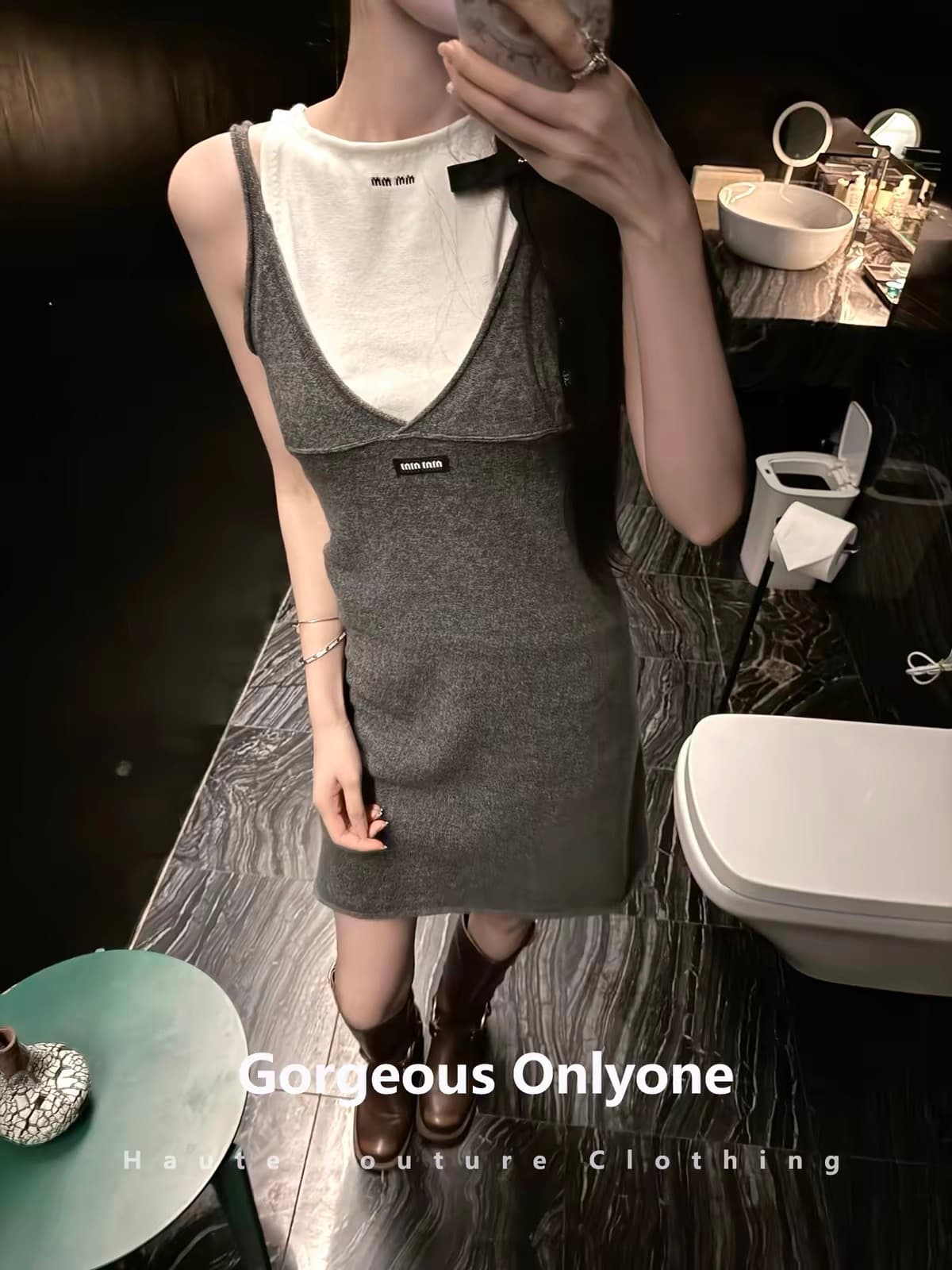 gorgeous onlyone 깊은 V 넥 니트 슬립 여성 드레스 몸매 가꾸기 타이트 스커트 미니 스커트 스택 착용 조끼 스커트 상세 이미지 3