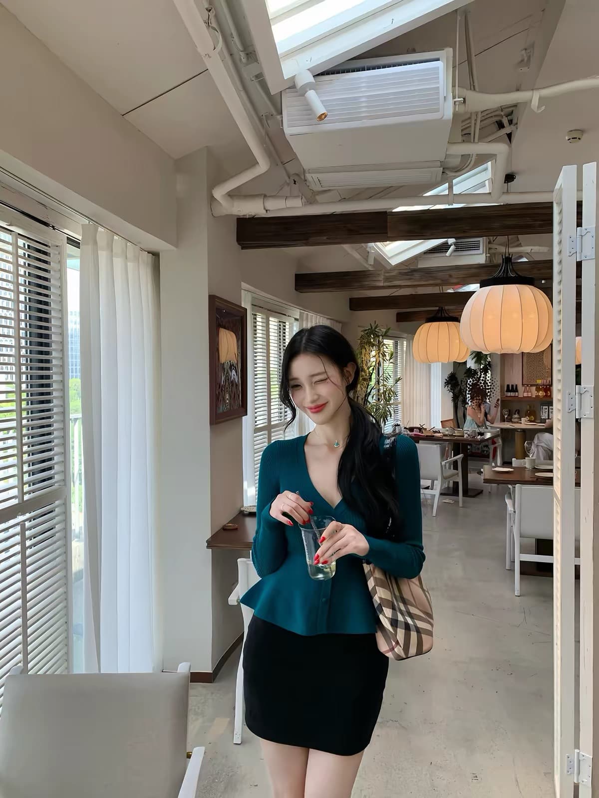 farte shop 블루스 플로팅 라이트 푸른 녹색 깊은 v 긴팔 진자 털 짠 셔츠 여성 봄 가을 허리 수축 맨위